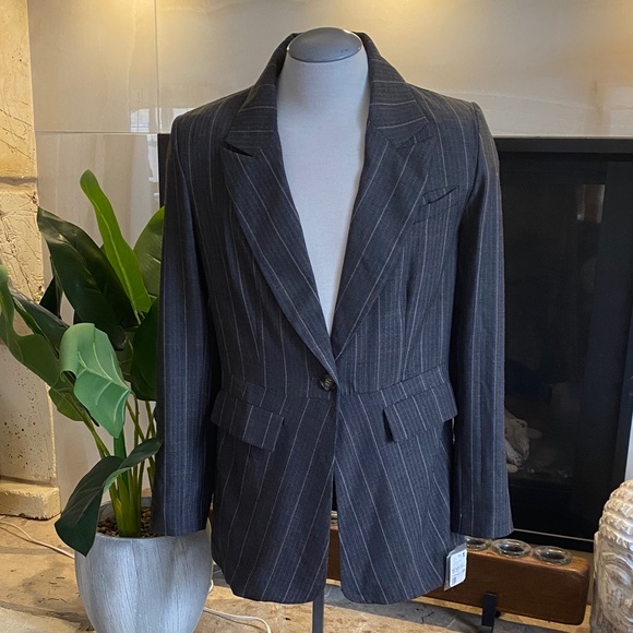 Free People Pinstripe Herringbone Blazer Jacket Charcoal Women’s Medium - Picture 2 of 13